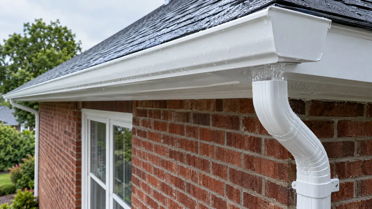 A seamless gutter and downspout newly installed along a clean white fascia of a brick home after a gentle rain, with water flowing neatly