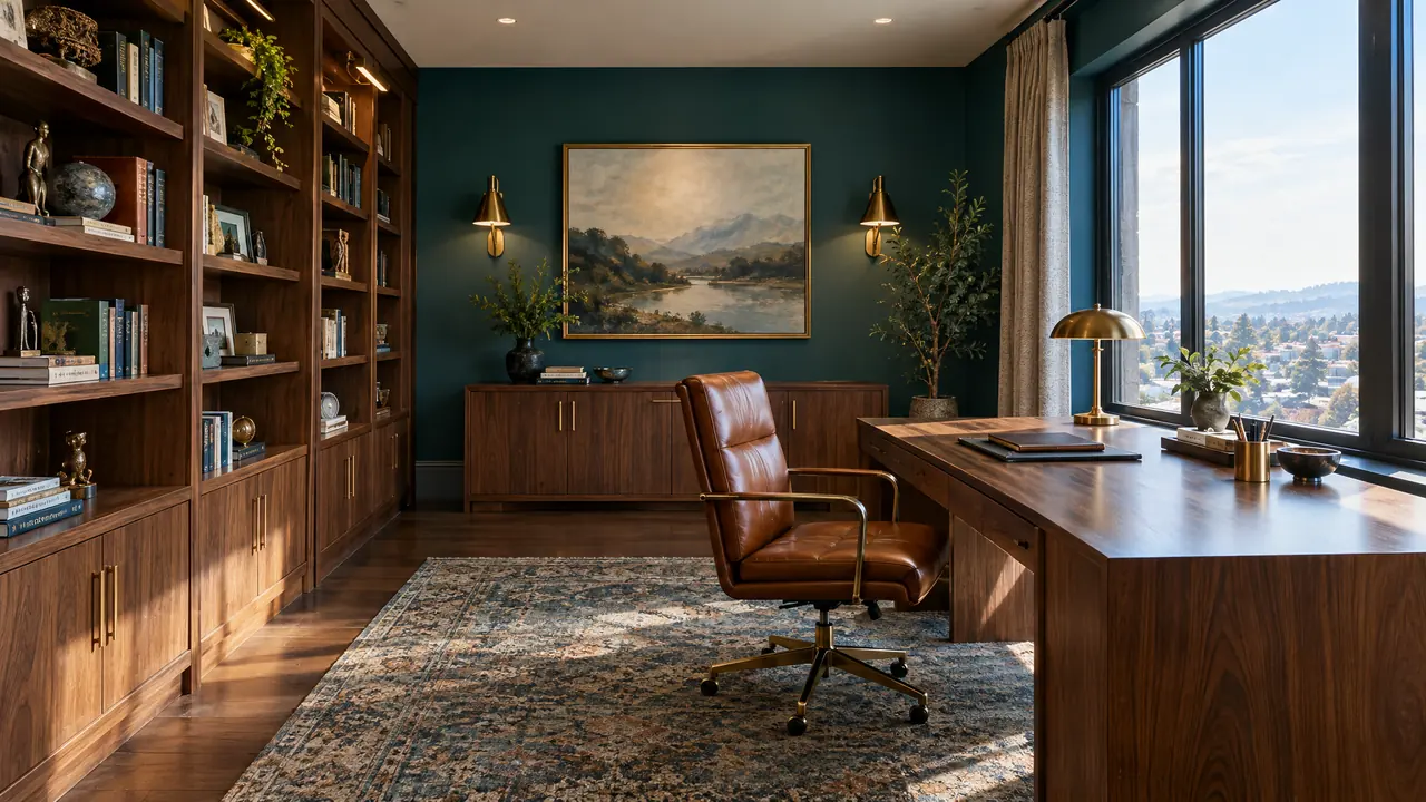 A custom home office with floor-to-ceiling walnut built-ins, a large desk by a window, a teal accent wall, brass sconces and a leather chair