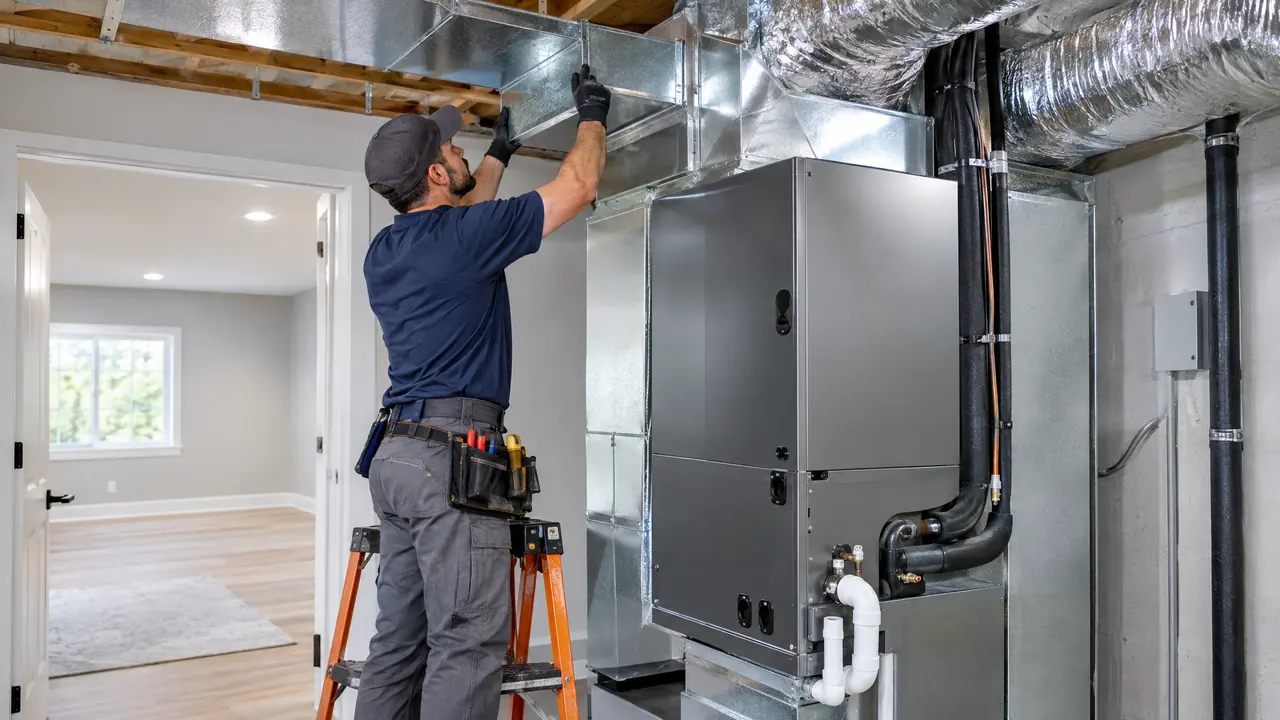 An HVAC technician connecting new ductwork above a remodeled room and a sleek new air handler in a clean utility space