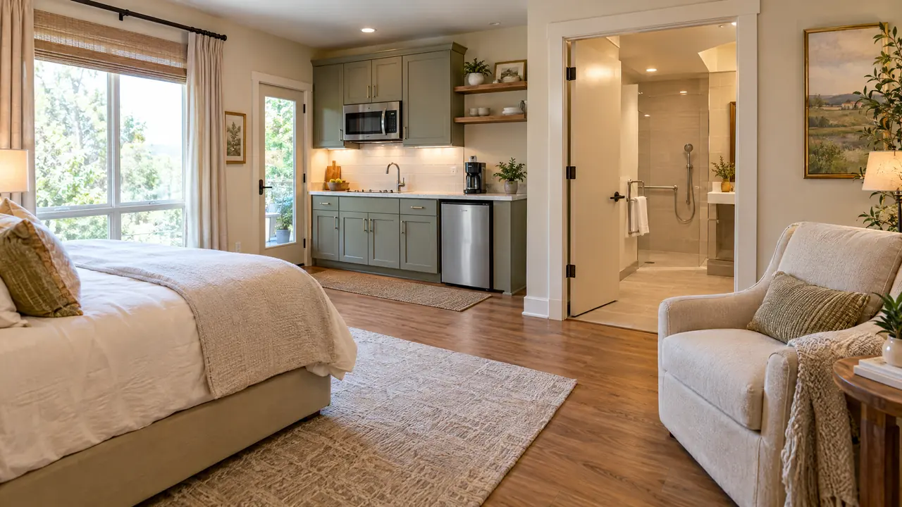 A bright in-law suite interior with a bedroom, a small kitchenette and an accessible bathroom door, warm neutral palette and a comfortable armchair