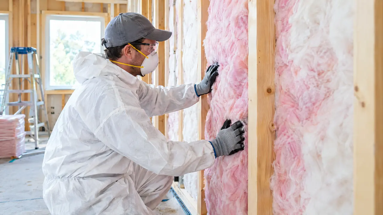Fluffy pink and white insulation being installed between wall studs in a bright renovation, a worker in protective gear