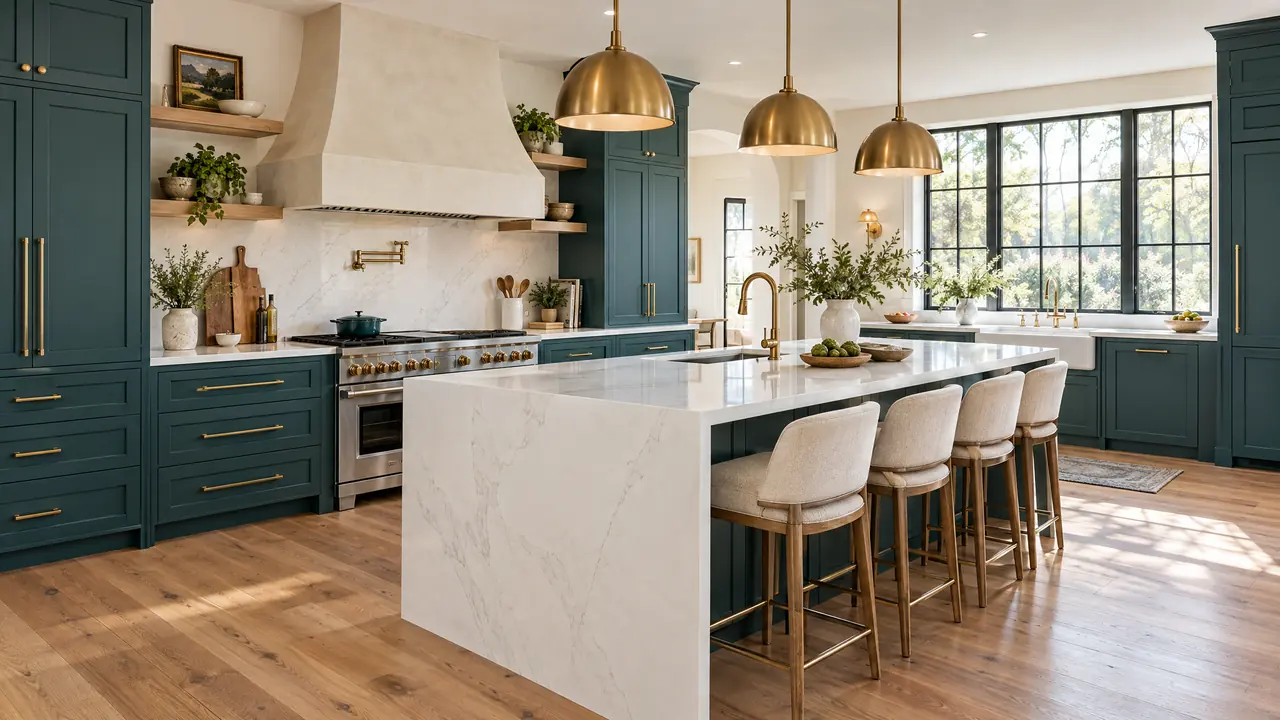 Luxury Kitchen Remodel | Music City Remodels A stunning luxury kitchen remodel with deep teal shaker cabinets, a white quartz waterfall island, brass pendant lights, a professional range with a plaster hood and wide-plank oak floors, bright natural light, no people