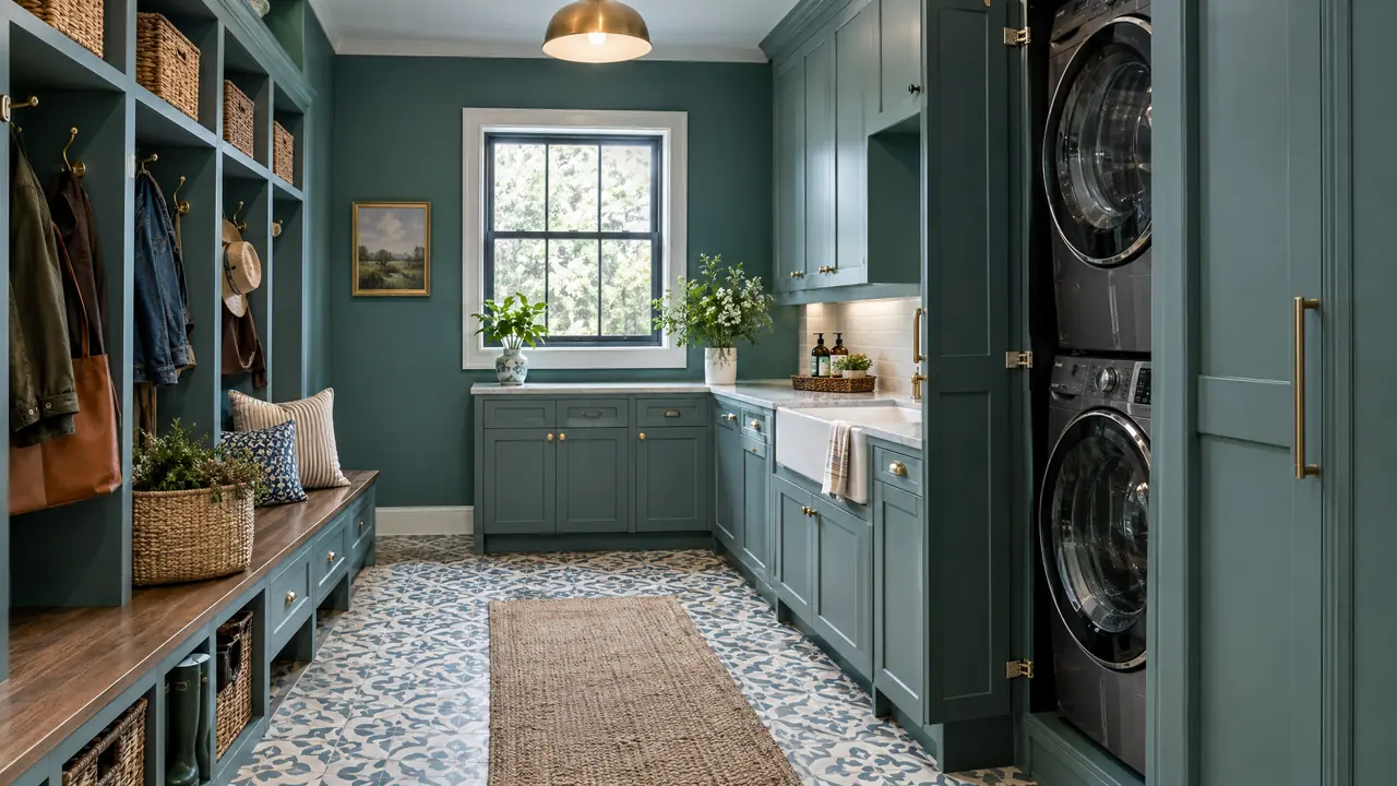 Laundry and Mudroom Remodel | Music City Remodels A beautiful laundry and mudroom with built-in cubbies, a farmhouse sink, stacked washer and dryer behind cabinet doors, patterned tile floor and teal walls