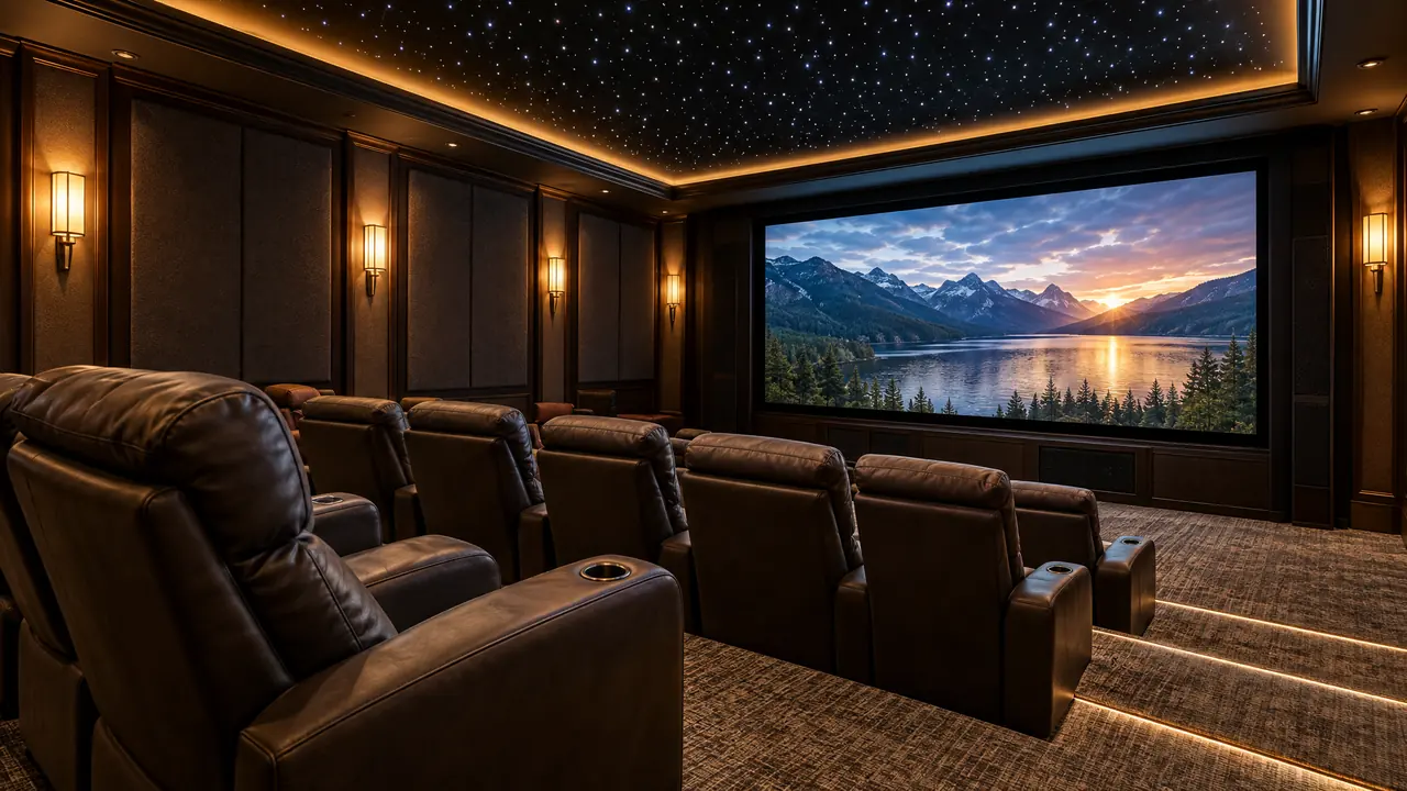 A luxury home theater with plush recliners in rows, acoustic wall panels, a large screen, a starry ceiling and warm sconce lighting, no people