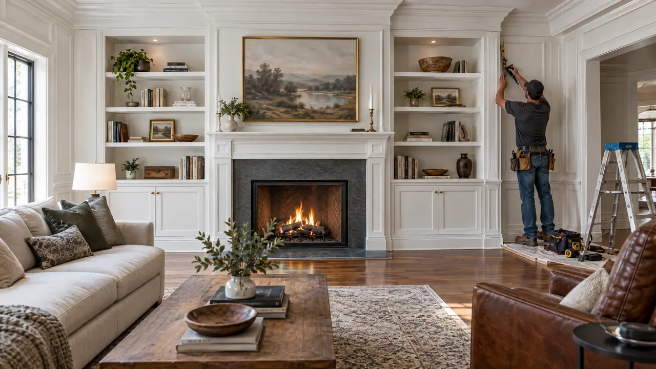 A living room with custom white built-in bookshelves around a fireplace, paneled walls with crown molding and a craftsman installing trim