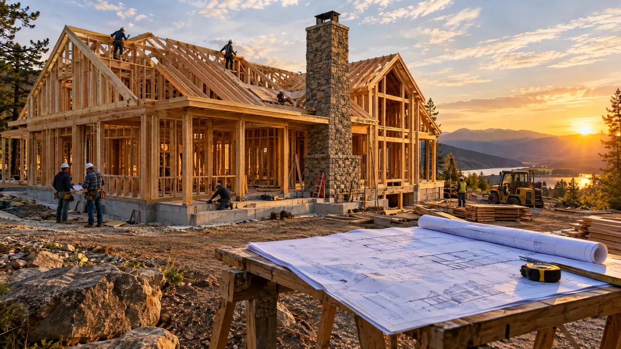 A custom luxury home under construction with completed framing, a stone chimney, a crew on site and a blueprint set on a sawhorse in golden hour