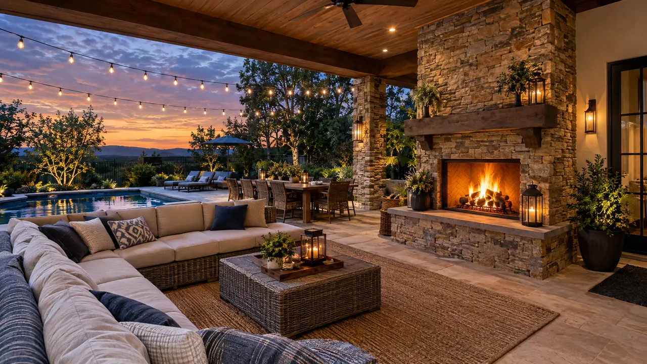 Outdoor Living Space | Music City Remodels A luxurious backyard outdoor living space with a covered patio, a stone fireplace, a sectional, a dining table and string lights at dusk