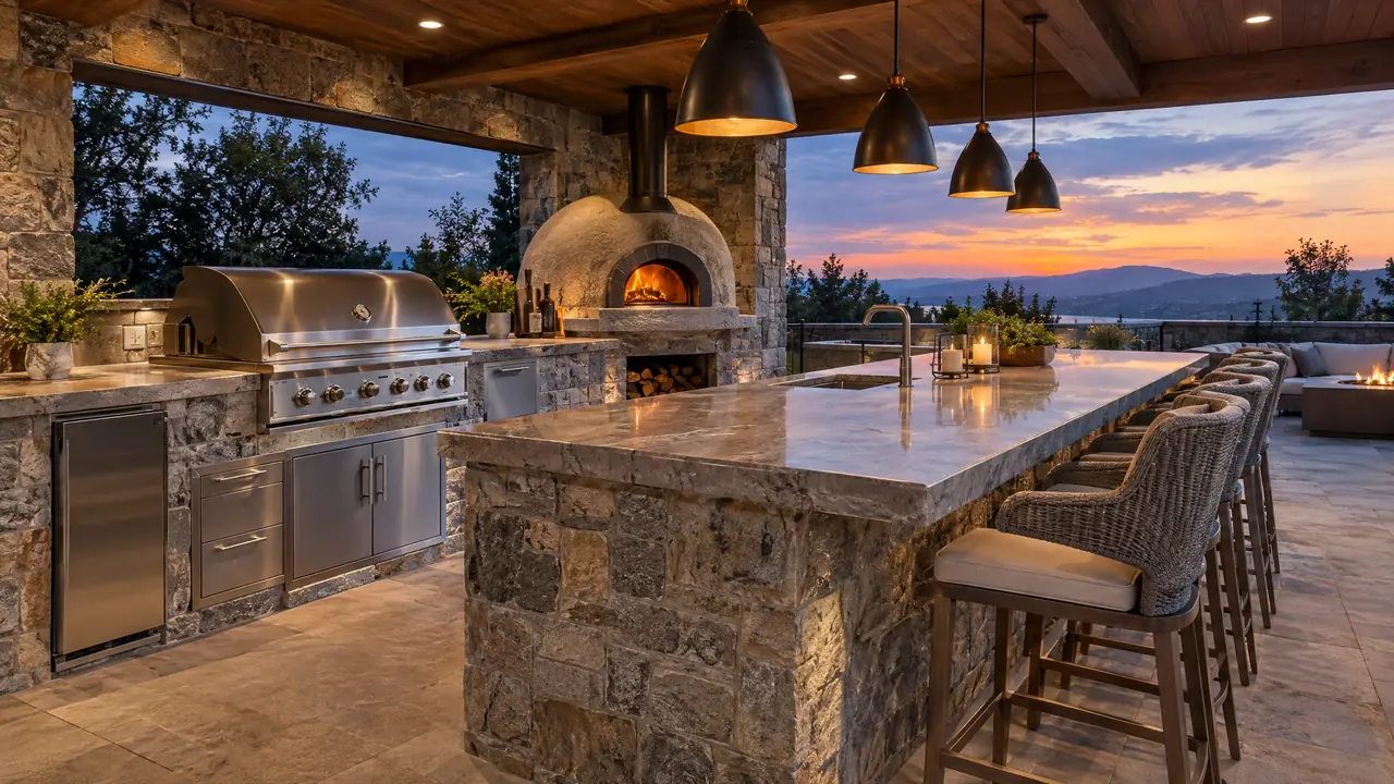 A luxury outdoor kitchen with a stainless grill, a stone counter, a pizza oven, bar seating and pendant lights under a covered patio at dusk