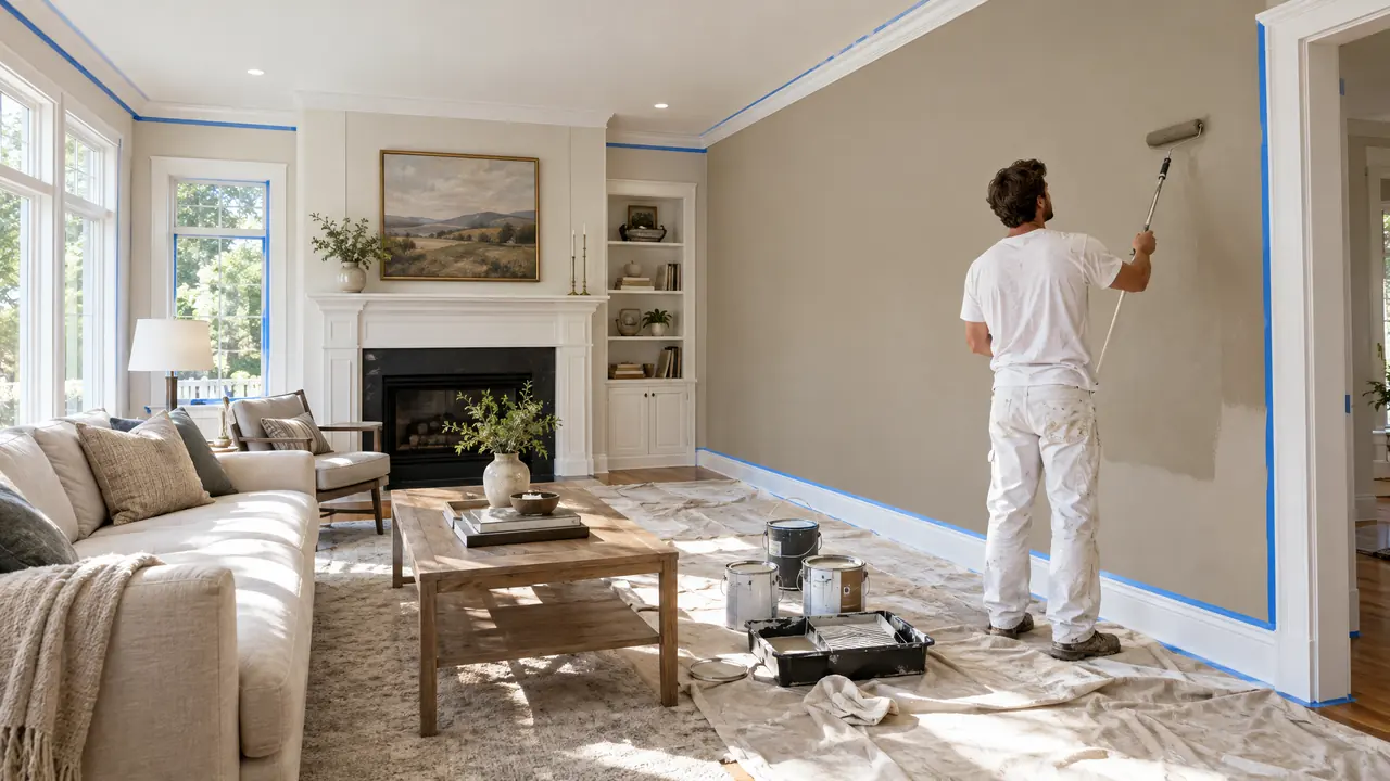 A painter rolling a warm greige color on a living room wall with crisp taped trim, drop cloths and paint cans on the floor, bright natural light