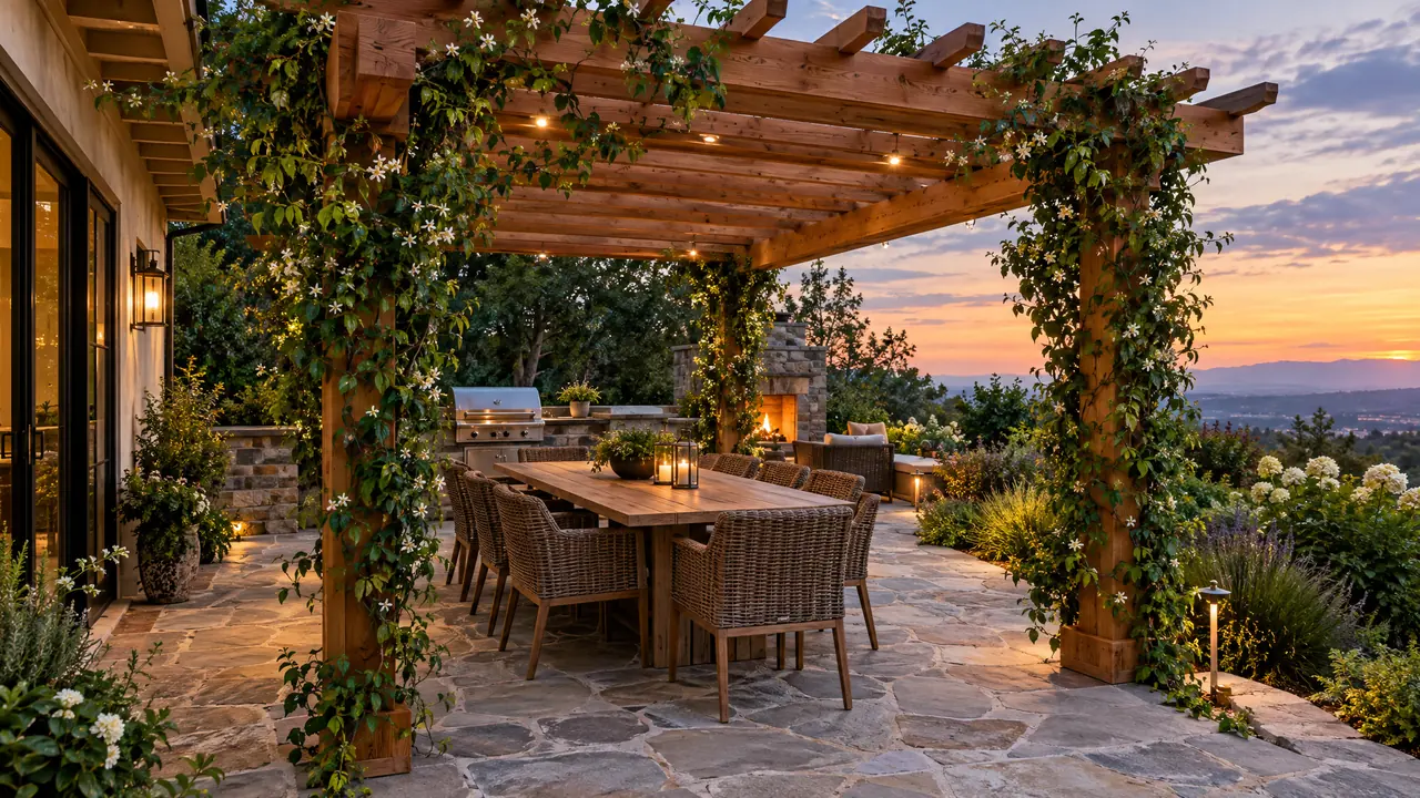 A modern cedar pergola over a stone patio with an outdoor dining set, climbing vines and soft evening light