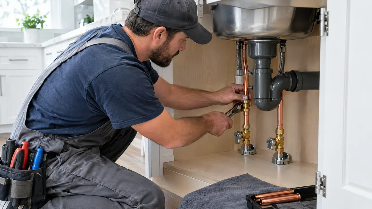 A plumber connecting new copper supply lines and a shutoff valve to a new kitchen sink during a remodel, clean cabinetry in the background