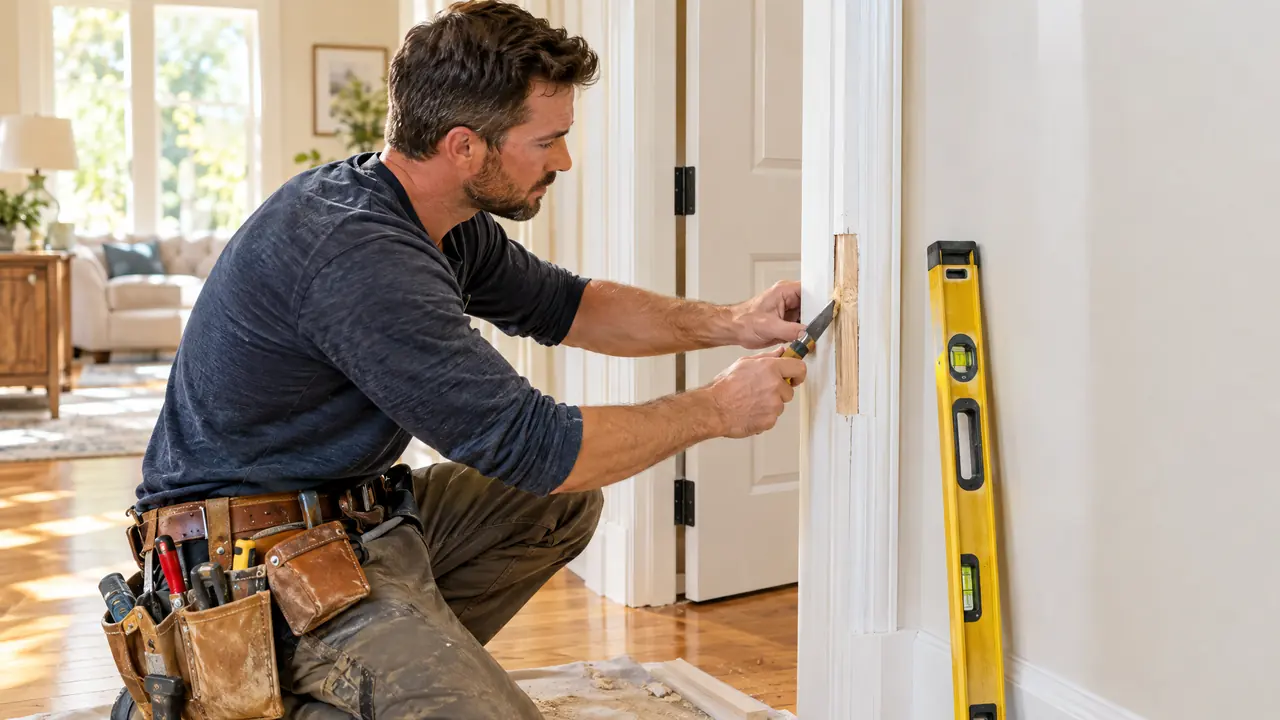 A carpenter repairing a section of trim and a door frame in a bright home, a tool belt and a level at hand, warm light