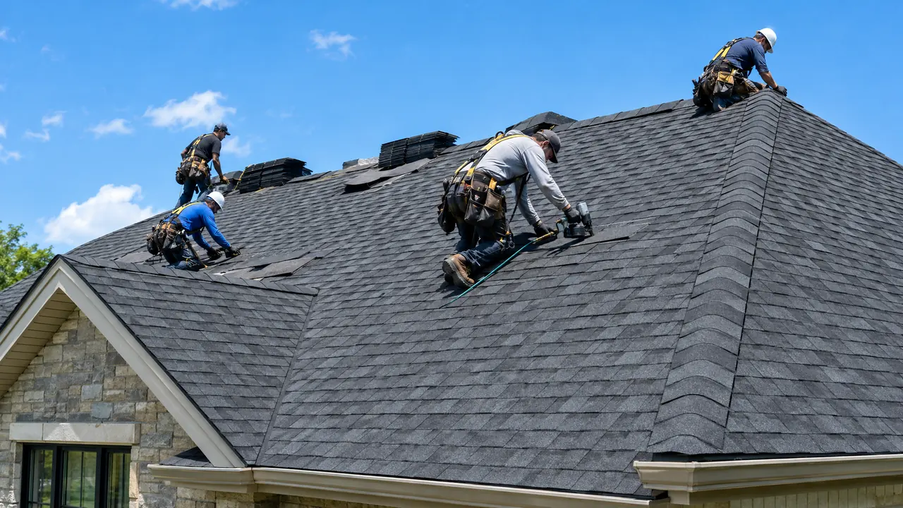 Roof Replacement | Music City Remodels A roofing crew installing dark architectural shingles on a large residential roof against a bright blue sky, neat rows and a ridge cap