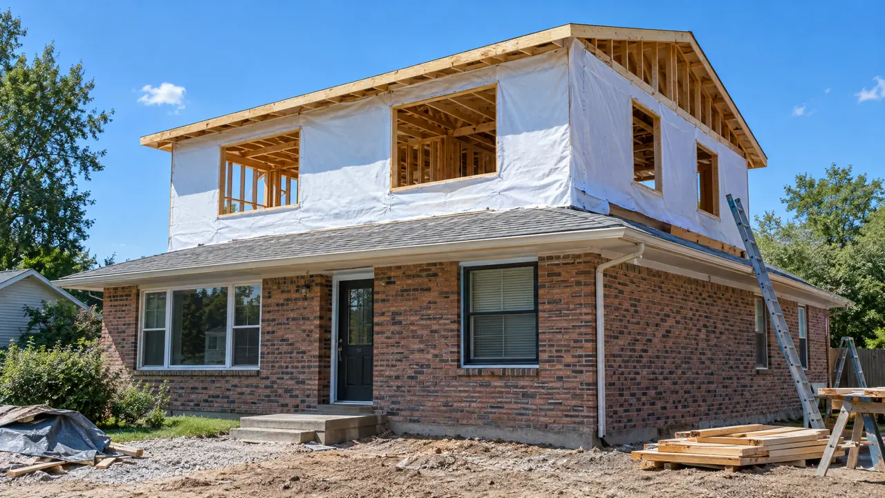 A one-story brick home with a newly built second story addition in progress, fresh framing and house wrap against a blue sky