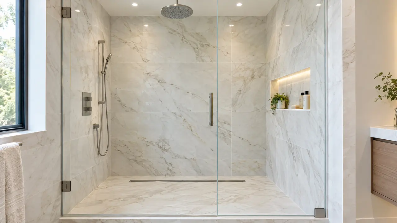 A modern walk-in shower with floor-to-ceiling porcelain tile, a rain showerhead, a built-in niche, a linear drain and a frameless glass door, bright and clean, no people