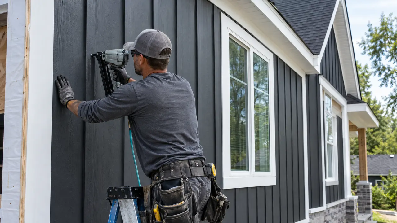 Siding Installation | Music City Remodels A home exterior being resided with fresh board-and-batten fiber cement siding in deep charcoal, a worker nailing a panel beside crisp white trim