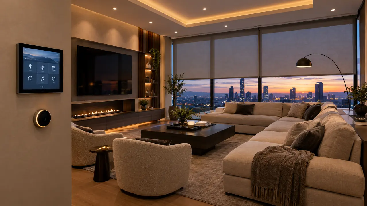 A beautiful modern living room with a wall-mounted smart panel, a smart thermostat, recessed lighting scenes and motorized shades in soft evening light