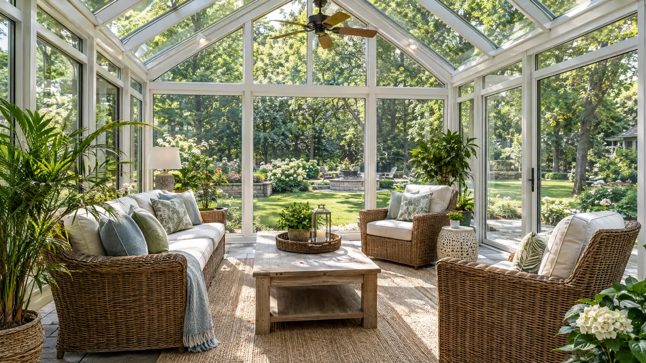 A glass-walled four-season sunroom with a vaulted ceiling, comfortable wicker seating, plants and a view of a lush backyard in soft sunlight