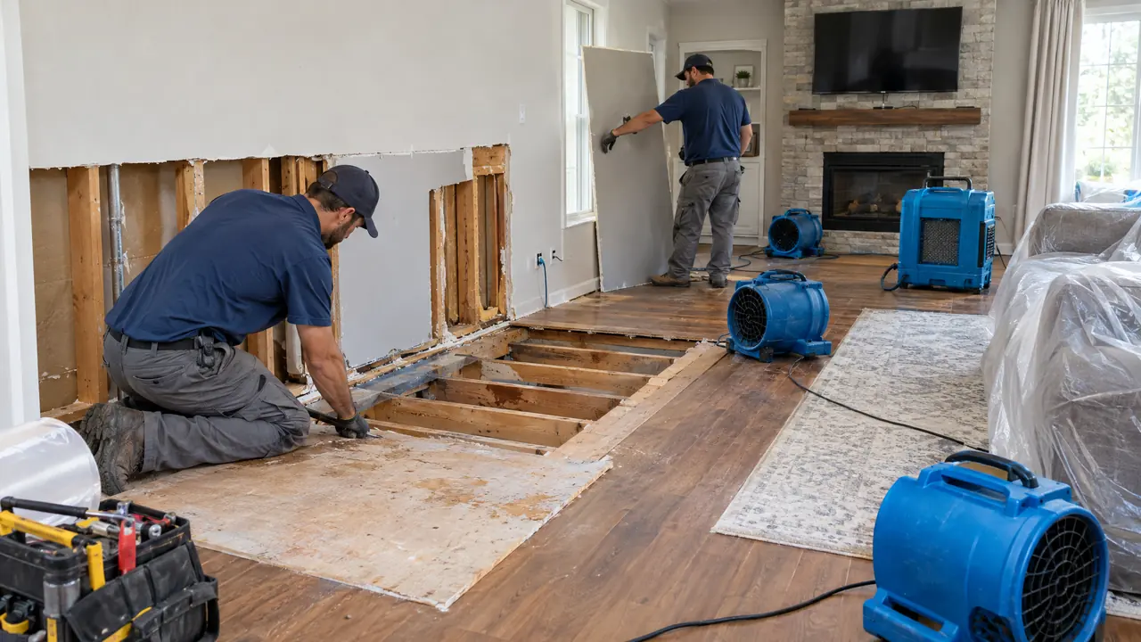 A restoration crew replacing a section of drywall and subfloor in a living room after a leak, fans drying the space, orderly and professional