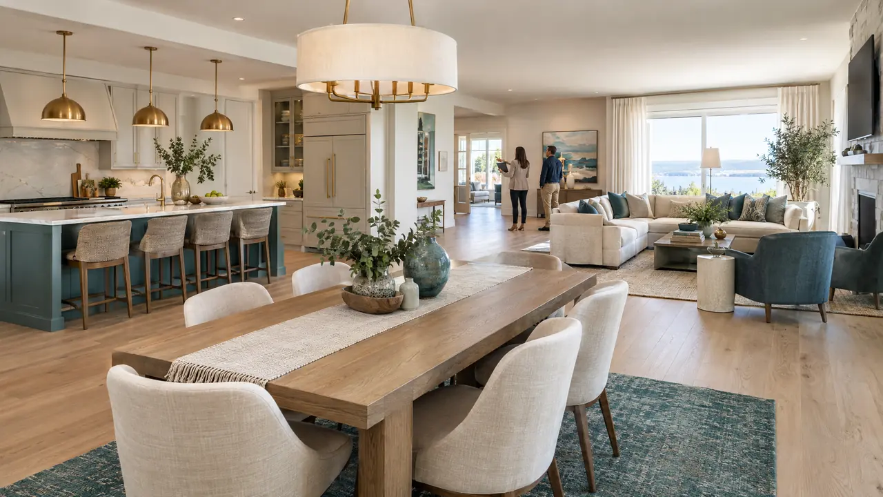 Whole-Home Remodel | Music City Remodels A bright, beautifully renovated open-plan home interior with a kitchen, dining and living area in warm neutrals, teal accents and white oak floors, a designer and a builder reviewing the space in the distance