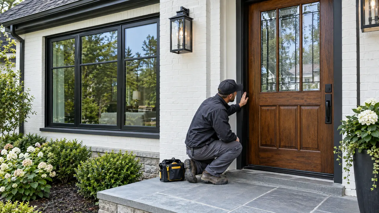 Window and Door Replacement | Music City Remodels A large new black-framed window and a handsome stained front door on a renovated home exterior, an installer checking the seal